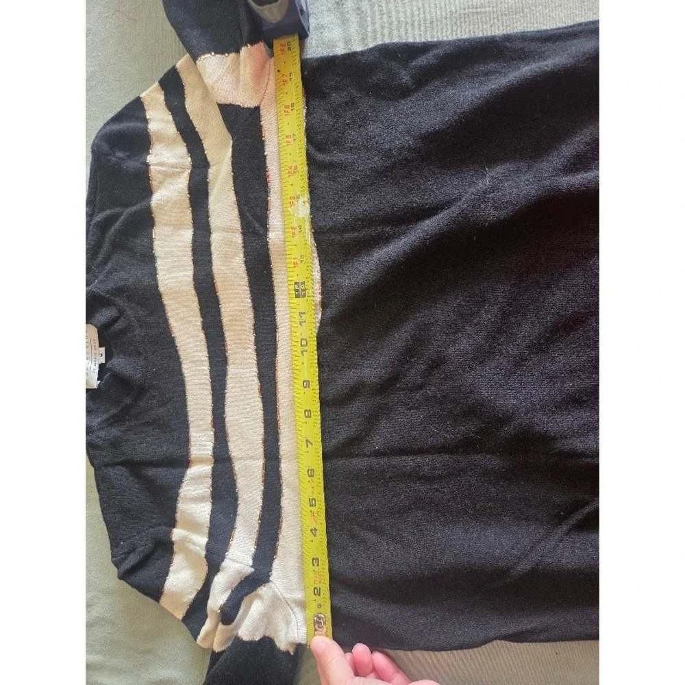 St. John Collection Marie Gray Black White Striped Knit Sweater Gold Accents M
